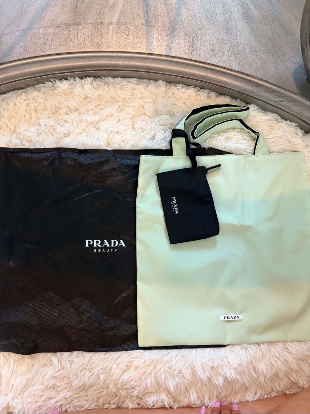 PRADA Mint Green Nylon Tote with Striped Handles